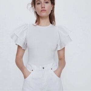 Zara white ribbed bodysuit with puff sleeves